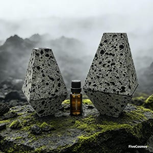 Może przedstawiać: Dwie szare, geometryczne, porowate konstrukcje kamienne flankują małą, bursztynową butelkę olejku eterycznego. Konstrukcje mają kształt rombu z teksturowaną powierzchnią. Butelka ma czarną zakrętkę i etykietę. Scena rozgrywa się na omszałej skale z mglistym górskim tłem.