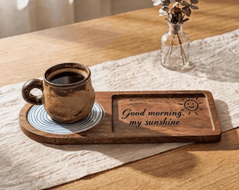 Personalized Solid Wood Tray with Diatomite Coasters | Custom Engraved Desktop Storage Decor | Summer Gift
