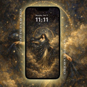 Puede incluir: Un smartphone muestra un fondo de pantalla digital con una mujer con un vestido fluido, rodeada de elementos celestiales. La pantalla muestra la fecha y hora: lunes 11 de febrero, 11:11. La obra de arte está enmarcada por las palabras "NOCTURNE BY SORCIÈRES".