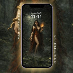 May include: A phone screen displays a digital art image of a woman in a flowing red dress holding a lit chalice. The time 11:11 is visible. The phone is surrounded by a larger image of a woman with long hair and a golden snake.