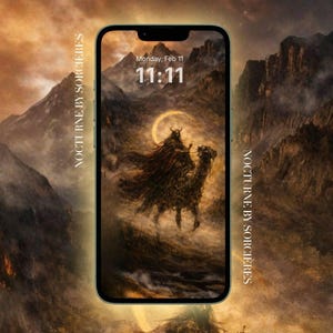 May include: A smartphone displays a digital wallpaper featuring a dark fantasy scene. A robed figure rides a camel against a backdrop of mountains and a glowing crescent. The screen shows "Monday, Feb 11 11:11". The text "NOCTURNE BY SORCIÈRES" is on the sides.