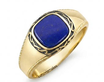Lapis Lazuli Signet Ring 925 Sterling Silver Gold Vermeil Gift for Him Statement Ring
