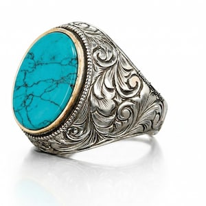 Puede incluir: Un anillo de plata con una piedra turquesa ovalada engastada en un bisel dorado. La banda del anillo presenta intrincados grabados florales. La piedra turquesa es de color azul verdoso vibrante, sobre fondo blanco.