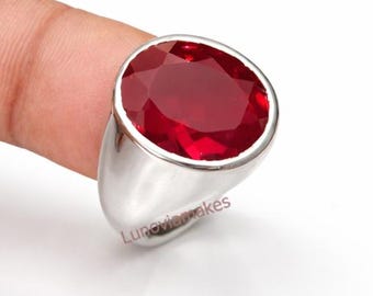 Men's 925 Sterling Silver Oval Red Ruby Gemstone Ring Handmade Signet Jewelry Gift