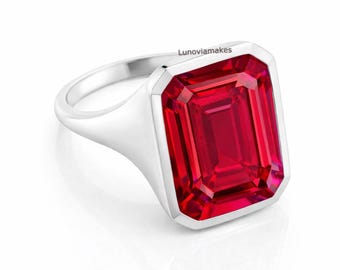 Anillo de rubí rojo en plata de ley 925 para mujer, joya con corte esmeralda.