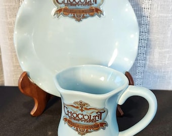 Vintage Ambience Collection Chocolat Cup & Saucer Set, Rare Blue Paris Beurre De Cacao 2 Piece Set, Coffee Cup and Plate, Stoneware Set