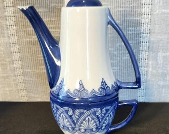Zestaw do herbaty Vintage Bombay Company Tea One Stackable Teapot & Cup Arabesque Tile Blue White, kolekcjonerski zestaw do herbaty, zabytkowy dzbanek do kawy, wystrój wiejski