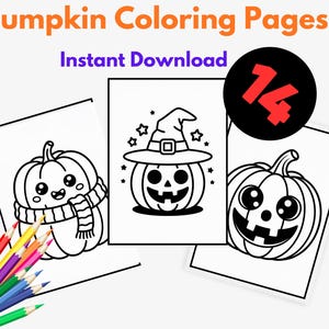 Puede incluir: Páginas para colorear de calabazas en blanco y negro con el texto "Pumpkin Coloring Pages Instant Download". La imagen muestra tres diseños de calabazas, uno con un sombrero de bruja. Un conjunto de lápices de colores se encuentra en la esquina inferior izquierda.