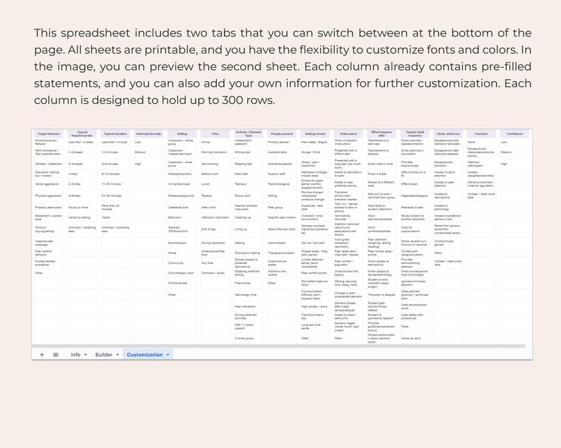 Op de afbeelding: Een spreadsheet met twee tabbladen, met vooraf ingevulde verklaringen in kolommen. De afbeelding toont een voorbeeld van het tweede blad, ontworpen voor aanpassing met lettertypen en kleuren. Elke kolom kan tot 300 rijen bevatten.