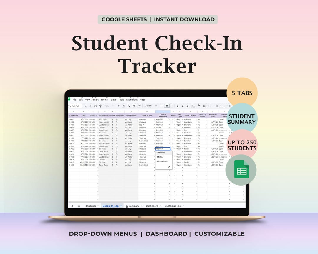 Student Check in Tracker Google Sheets School Counselor Template Minute ...