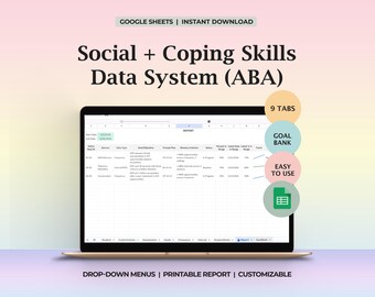 Planilha do Google Sheets com ferramentas para desenvolvimento de habilidades sociais em ABA, incluindo banco de metas para avaliação do aluno, acompanhamento de dados, painel de controle e relatório de progresso. RBT BCBA