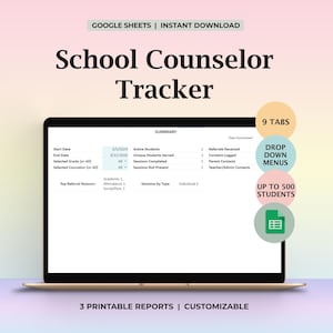 以下が含まれることがあります： ラップトップには「School Counselor Tracker」のテンプレートが表示されています。画面には、データフィールドと「9 タブ」、「ドロップダウンメニュー」、および「最大 500 人の学生」というテキストが表示された概要が表示されます。上部には「Google Sheets | インスタントダウンロード」と書かれています。下部には「3 つの印刷可能なレポート | カスタマイズ可能」と書かれています。