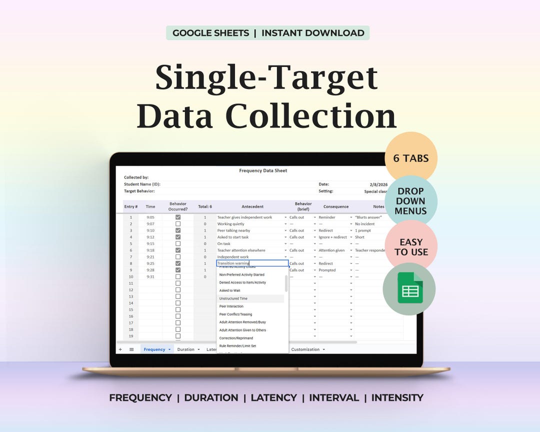 Single Target Behavior Data Collection Spreadsheet Google Sheets ...