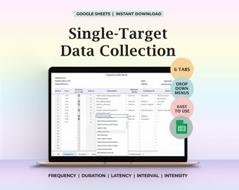 Planilha do Google Sheets para coleta de dados comportamentais de alvo único, com menu suspenso editável para frequência, duração, latência, intervalo e intensidade. Rastreador de FBA.
