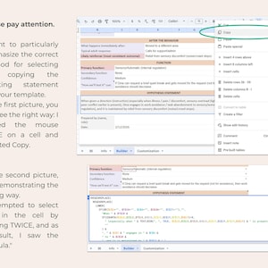 Op de afbeelding: Een screenshot van een spreadsheet met de optie "Kopi&euml;ren" gemarkeerd. De tekst legt de juiste methode uit voor het selecteren en kopi&euml;ren van gegevens. De tweede afbeelding toont de onjuiste methode en toont een formule.