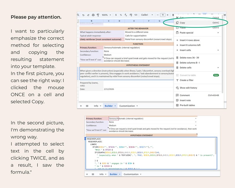 Op de afbeelding: Een screenshot van een spreadsheet met de optie "Kopi&euml;ren" gemarkeerd. De tekst legt de juiste methode uit voor het selecteren en kopi&euml;ren van gegevens. De tweede afbeelding toont de onjuiste methode en toont een formule.