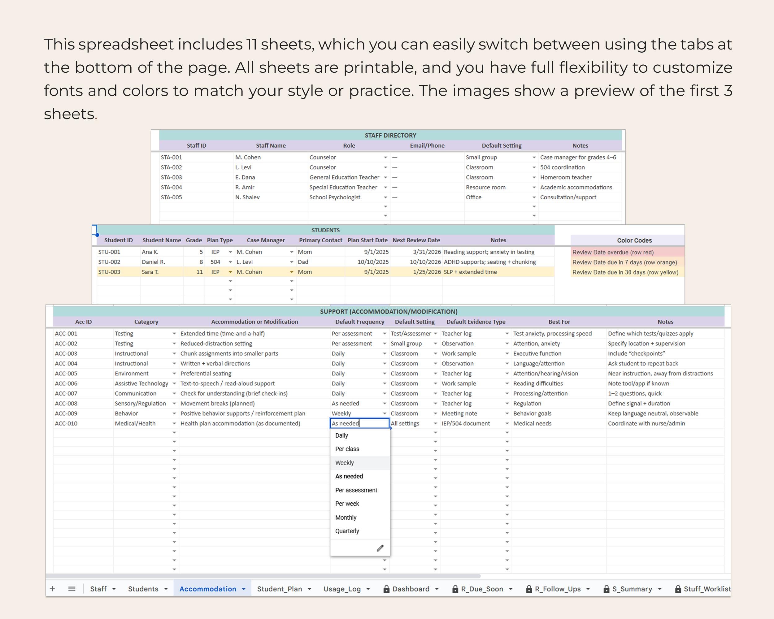 IEP 504 Accommodation Log Spreadsheet Google Sheets Caseload Dashboard ...