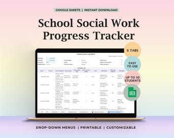 Planilha de Monitoramento do Progresso do Serviço Social Escolar, Rastreador de Metas do Aluno, Registro de Sessões, Relatórios de Revisão de Aprendizagem Socioemocional (SEL), Sistema de Apoio Multinível (MTSS), Ferramenta de Painel de Dados de Aconselhamento