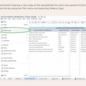 K&ouml;nnte beinhalten: Screenshot einer Google Sheets-Tabelle mit dem Titel "Accommodations_Modifications_Tracker_Sample". Das Men&uuml; "Datei" ist ge&ouml;ffnet, wobei "Kopie erstellen" hervorgehoben ist. Die Tabelle enth&auml;lt Spalten f&uuml;r Anpassung, H&auml;ufigkeit, Einstellung und Nachweis.