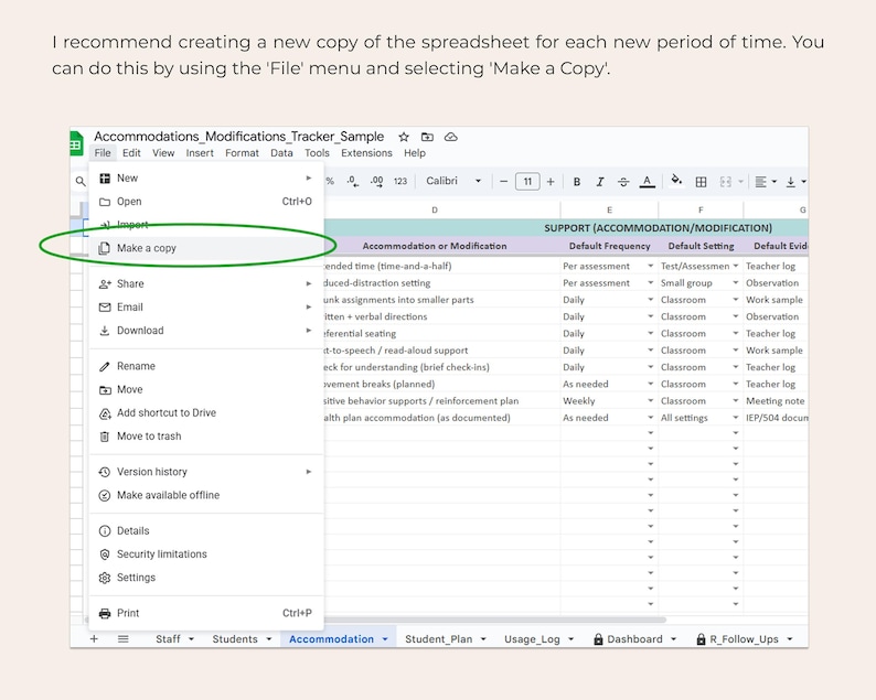 K&ouml;nnte beinhalten: Screenshot einer Google Sheets-Tabelle mit dem Titel "Accommodations_Modifications_Tracker_Sample". Das Men&uuml; "Datei" ist ge&ouml;ffnet, wobei "Kopie erstellen" hervorgehoben ist. Die Tabelle enth&auml;lt Spalten f&uuml;r Anpassung, H&auml;ufigkeit, Einstellung und Nachweis.