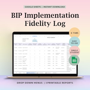 May include: A laptop displaying a spreadsheet titled "BIP Implementation Fidelity Log." The screen shows data organized in columns and rows. Text on the screen includes "Weekly Summary," "6 Tabs," "Easy to Use," and "Single Student." The laptop is on a light background.