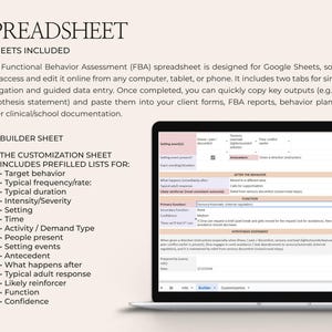 Op de afbeelding: Een laptop toont een spreadsheet voor een Functionele Gedragsbeoordeling (FBA). De spreadsheet is ontworpen voor Google Sheets en bevat twee tabbladen. De tekst bevat "Builder Sheet" en "Customization Sheet" met vooraf ingevulde lijsten.