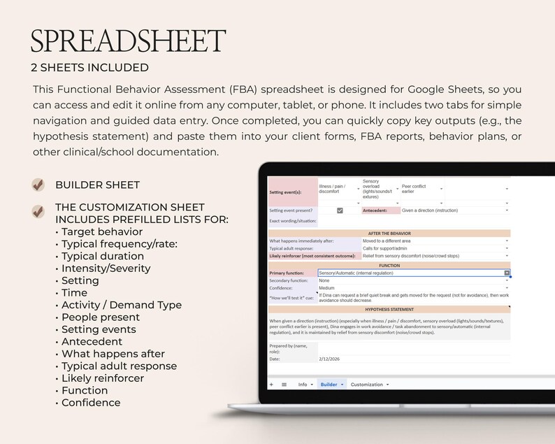 Op de afbeelding: Een laptop toont een spreadsheet voor een Functionele Gedragsbeoordeling (FBA). De spreadsheet is ontworpen voor Google Sheets en bevat twee tabbladen. De tekst bevat "Builder Sheet" en "Customization Sheet" met vooraf ingevulde lijsten.