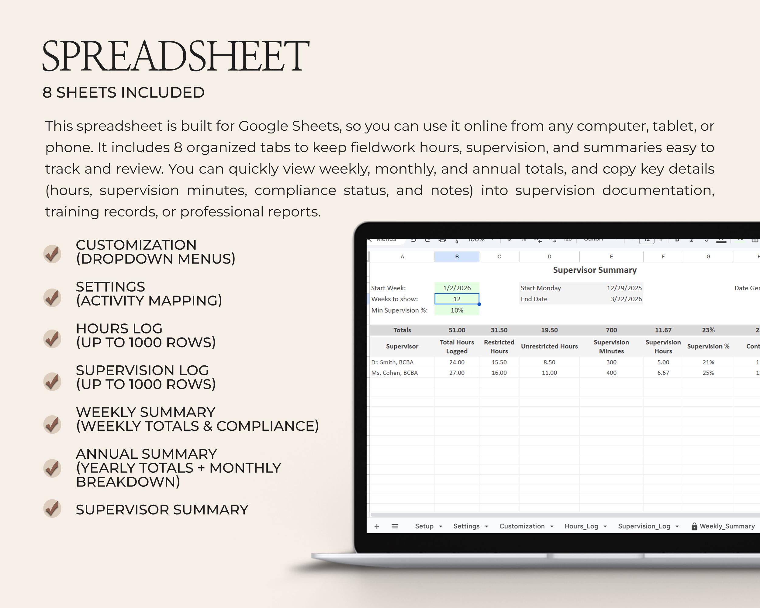 BCBA Fieldwork Tracker Spreadsheet Multi Supervisor Hours Log ...