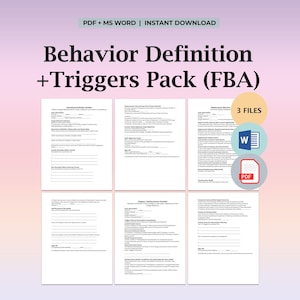 Puede incluir: Gráfico de descarga digital con el texto "Behavior Definition + Triggers Pack (FBA)". La imagen incluye varias plantillas de documentos en blanco e iconos para archivos PDF y MS Word. El fondo es un degradado de rosa y morado.