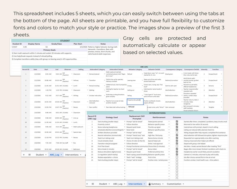 ABC Behavior Log Spreadsheet Template Single Student Data Tracking ...