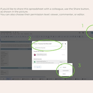 Op de afbeelding: Schermafbeelding van een spreadsheet met een gemarkeerde deelknop. Een pop-upvenster toont opties om de spreadsheet te delen, mensen toe te voegen en machtigingsniveaus in te stellen: viewer, commenter of editor.