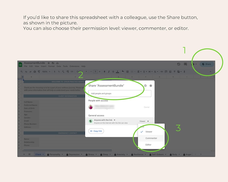 Op de afbeelding: Schermafbeelding van een spreadsheet met een gemarkeerde deelknop. Een pop-upvenster toont opties om de spreadsheet te delen, mensen toe te voegen en machtigingsniveaus in te stellen: viewer, commenter of editor.