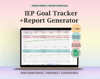Planilha de Acompanhamento do Progresso do IEP (Plano Educacional Individualizado) para Educação Especial no Google Sheets, Metas para Vários Alunos, Painel de Dados, Reuniões do IEP, Conferências com Pais, Professores, BCBA (Analista de Comportamento Certificado) e Fonoaudiólogo.
