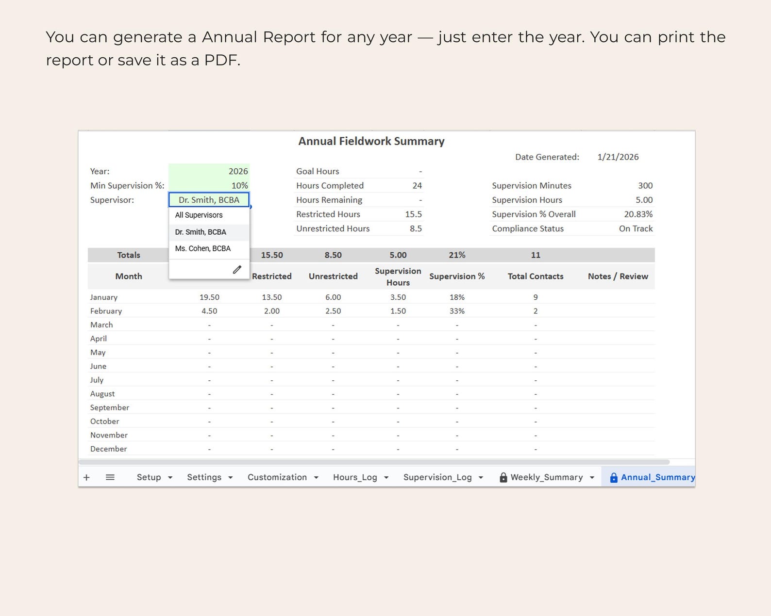 BCBA Fieldwork Tracker Spreadsheet Multi Supervisor Hours Log ...
