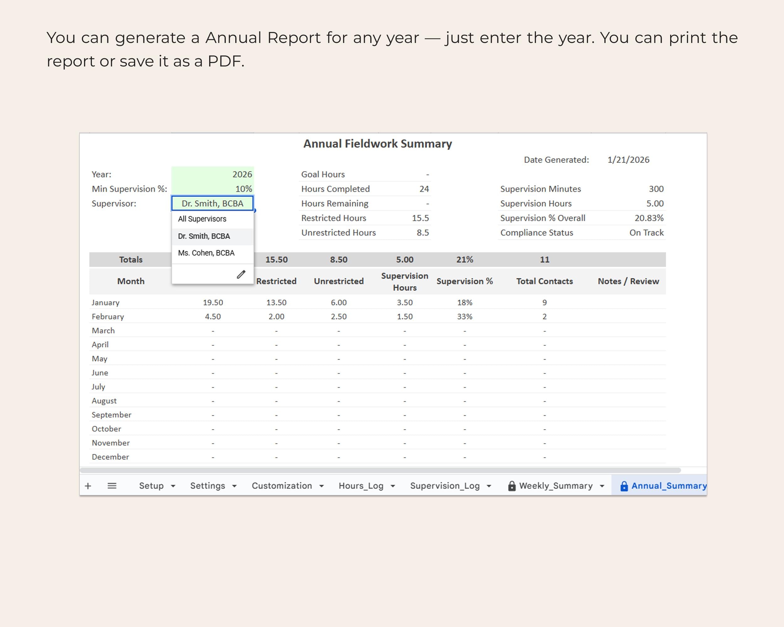 BCBA Fieldwork Tracker Spreadsheet Multi Supervisor Hours Log ...