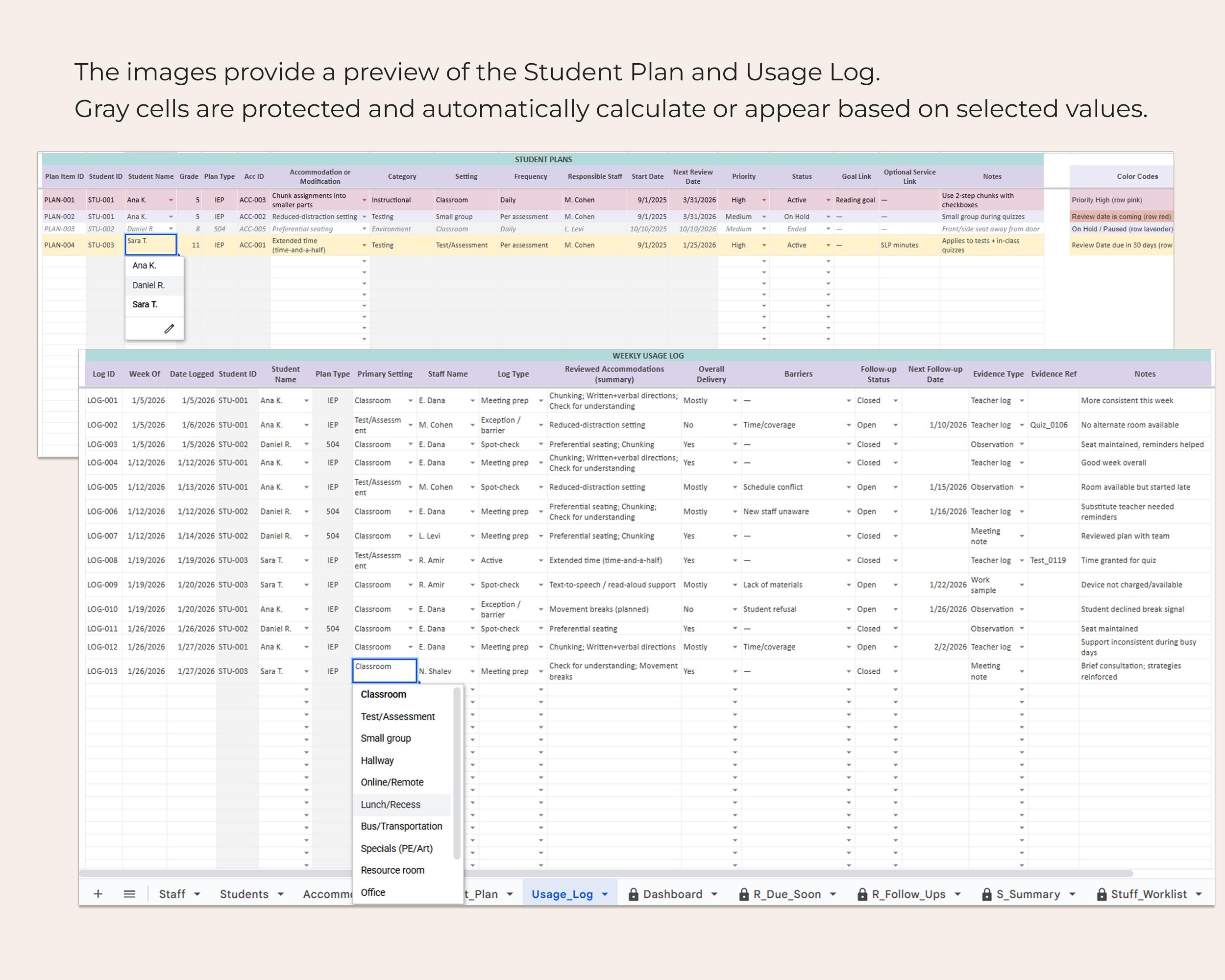 IEP 504 Accommodation Log Spreadsheet Google Sheets Caseload Dashboard ...