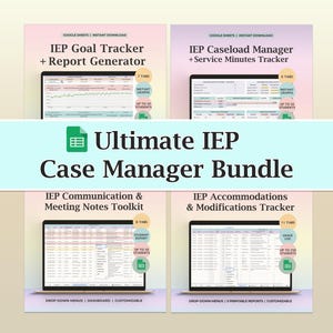 May include: A digital bundle of IEP management tools, including a goal tracker, caseload manager, communication toolkit, and accommodations tracker. Each tool is shown on a laptop screen with data tables and graphs. The bundle is labelled "Ultimate IEP Case Manager Bundle."