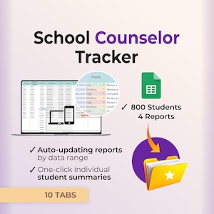 Puede incluir: Una plantilla de hoja de cálculo digital School Counselor Tracker con pantalla de portátil y smartphone, un recuadro circular de prioridad, un icono de hoja de cálculo verde y una carpeta amarilla con una estrella blanca. El texto incluye 800 Students, 4 Reports, 10 TABS.