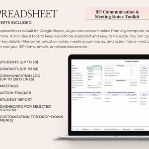 K&ouml;nnte beinhalten: Ein Laptop-Bildschirm zeigt eine Tabelle mit dem Titel "IEP Communication & Meeting Notes Toolkit". Die Tabelle enth&auml;lt Registerkarten f&uuml;r Sch&uuml;ler, Kontakte, Kommunikationsprotokolle, Besprechungen und Aktionsverfolgungen. Der Text lautet "8 Sheets Included" und "Customization for Drop-Down Menus".