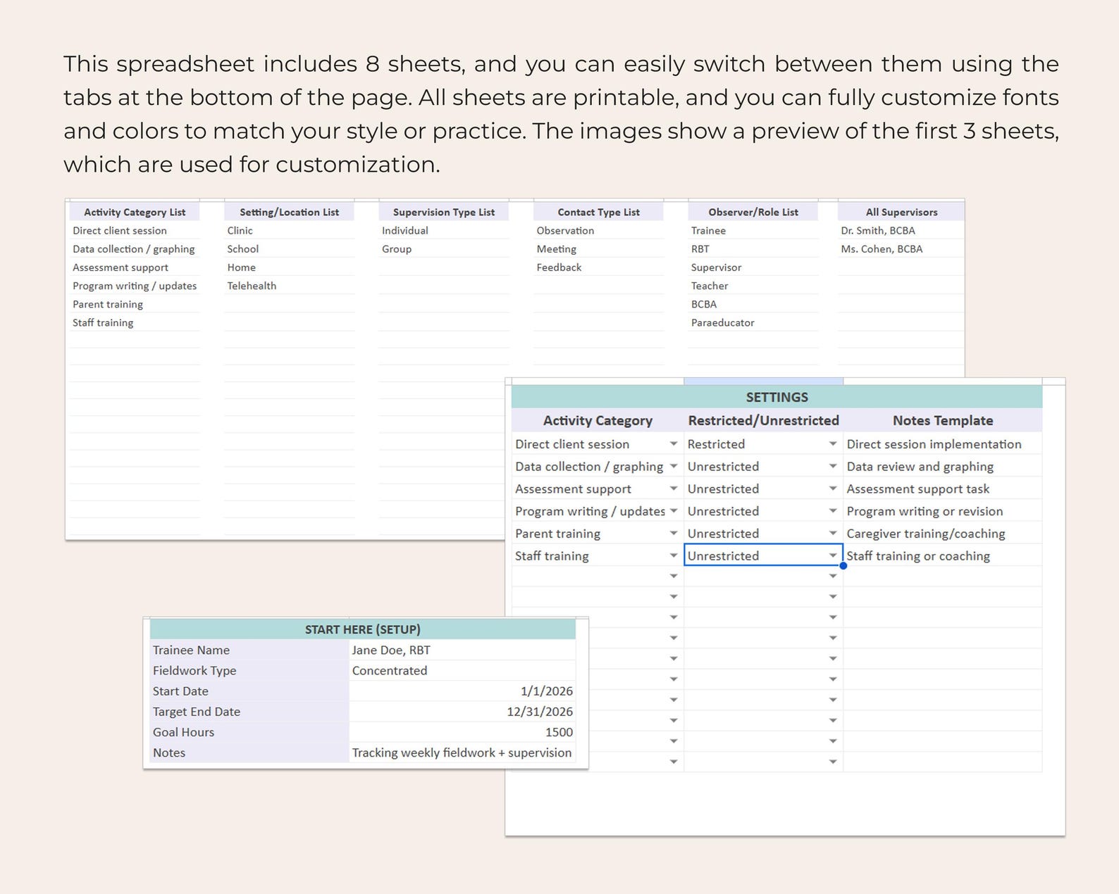 BCBA Fieldwork Tracker Spreadsheet Multi Supervisor Hours Log ...
