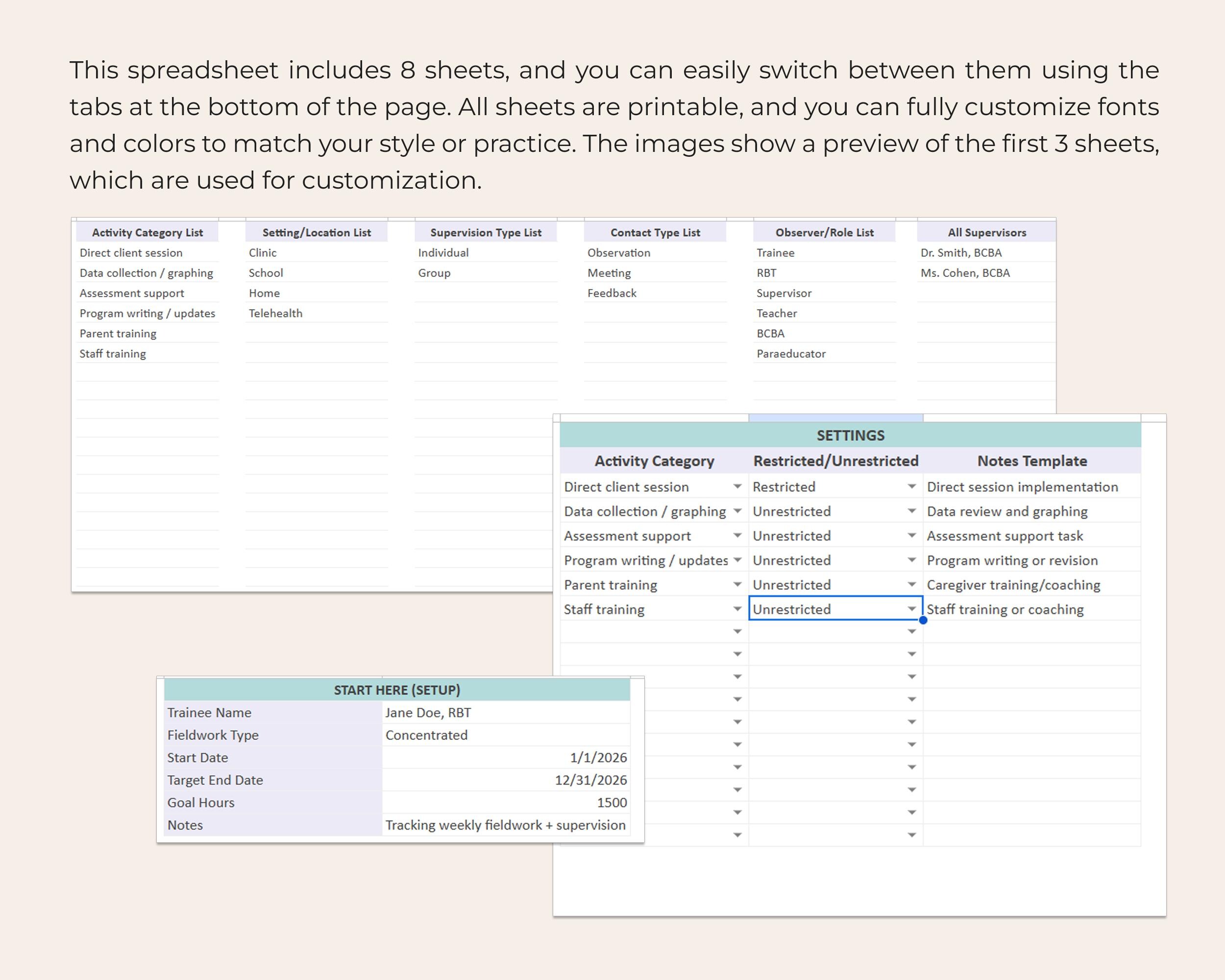 BCBA Fieldwork Tracker Spreadsheet Multi Supervisor Hours Log ...