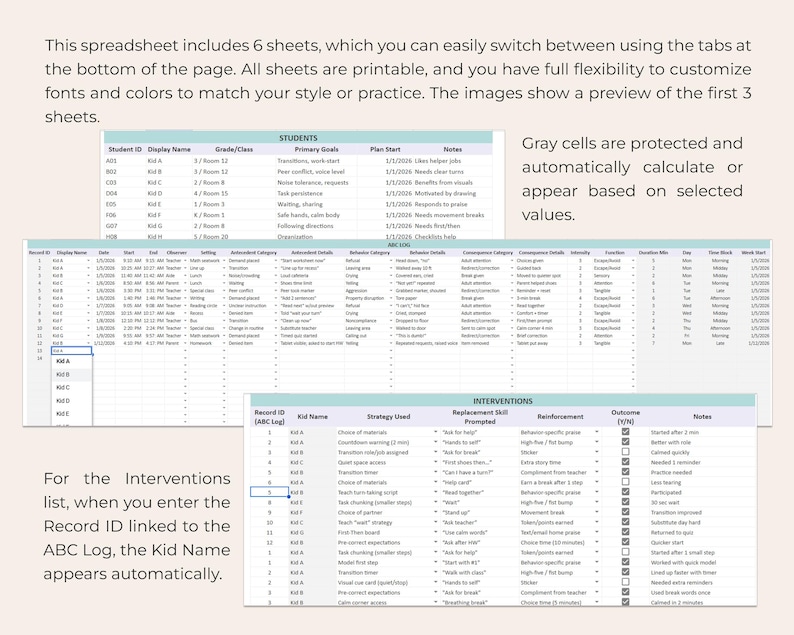 ABC Data Tracker Spreadsheet ABA Google Sheets Multi Student Log FBA ...