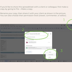 May include: Screenshot of a spreadsheet sharing interface. The text reads: "If you'd like to share this spreadsheet... first make a copy... Rename your copy, then share it... You can also choose their permission level (viewer, commenter, or editor)."