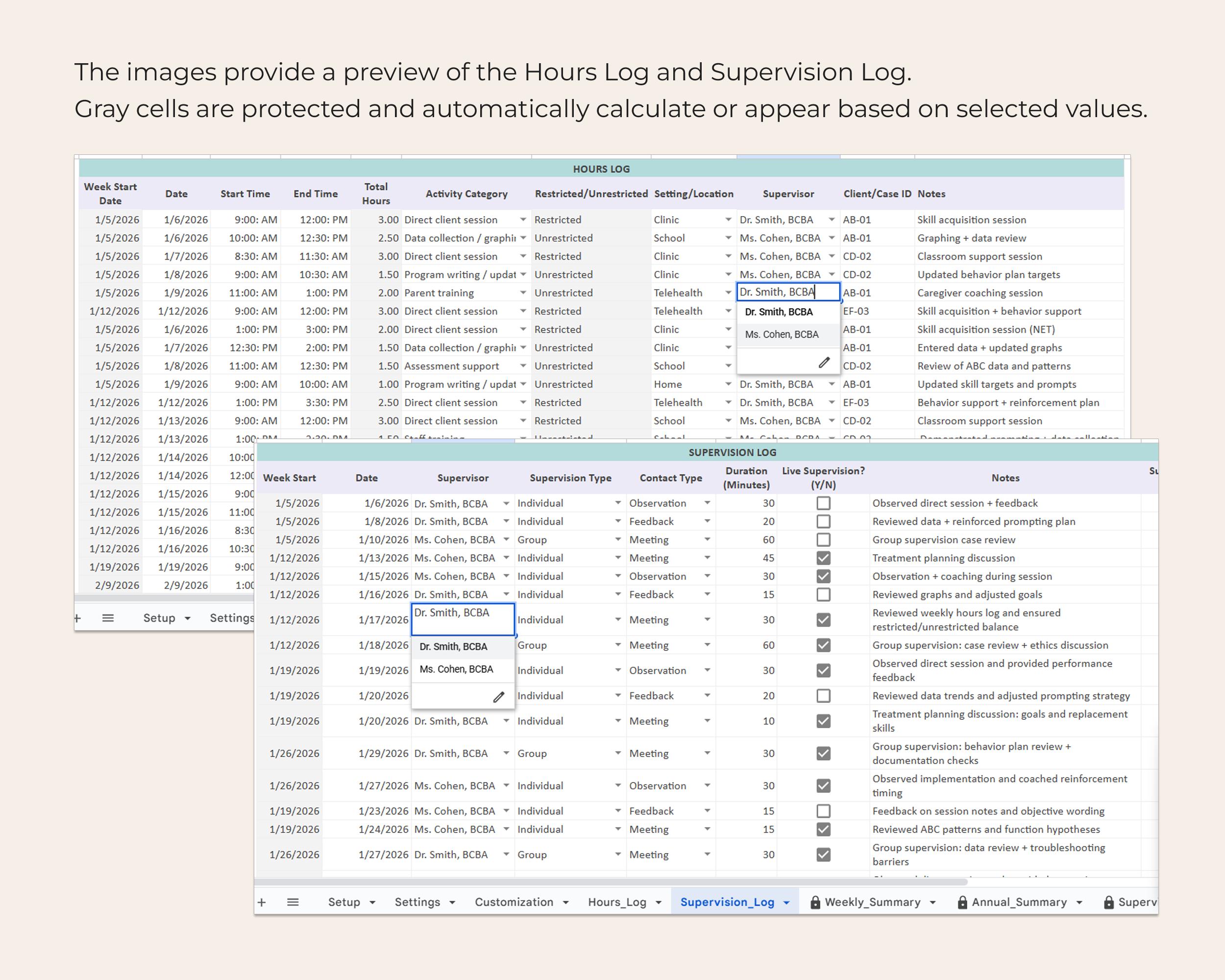 BCBA Fieldwork Tracker Spreadsheet Multi Supervisor Hours Log ...
