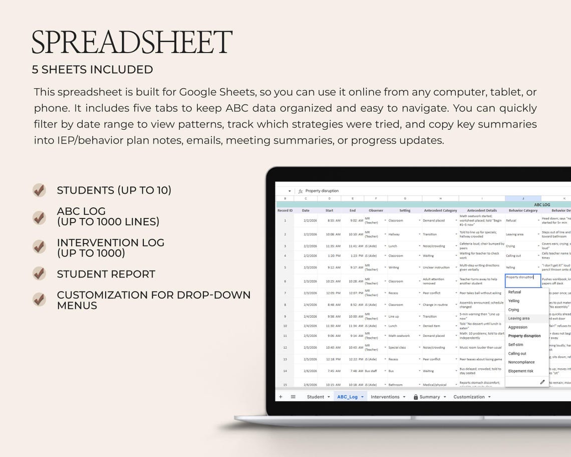 ABC Behavior Log Spreadsheet Template Single Student Data Tracking ...