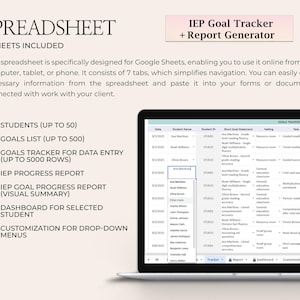 K&ouml;nnte beinhalten: Ein Laptop zeigt eine Tabelle mit dem Titel "IEP Goal Tracker + Report Generator". Der Bildschirm zeigt eine Tabelle mit Sch&uuml;lerdaten, Zielvorgaben und Aufgaben. Links werden Funktionen wie Sch&uuml;lerverfolgung und Fortschrittsberichte aufgef&uuml;hrt.