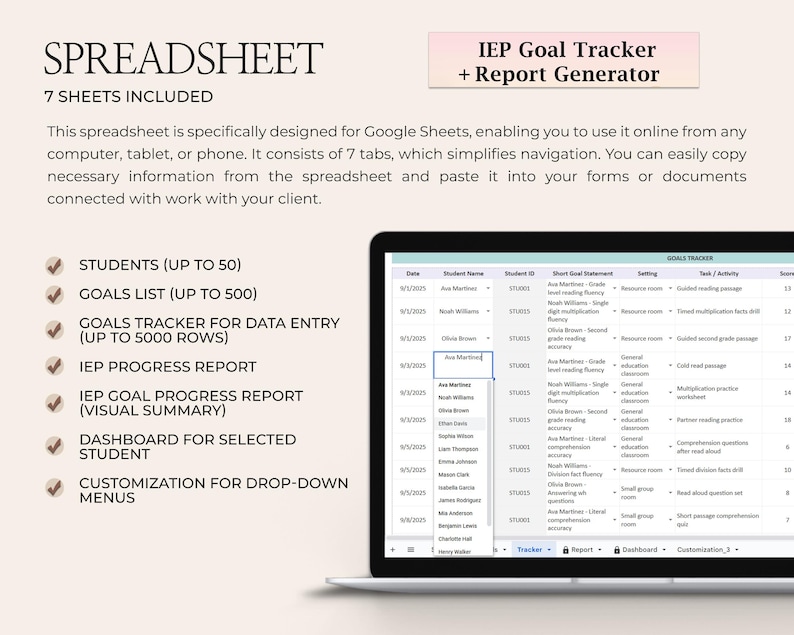 K&ouml;nnte beinhalten: Ein Laptop zeigt eine Tabelle mit dem Titel "IEP Goal Tracker + Report Generator". Der Bildschirm zeigt eine Tabelle mit Sch&uuml;lerdaten, Zielvorgaben und Aufgaben. Links werden Funktionen wie Sch&uuml;lerverfolgung und Fortschrittsberichte aufgef&uuml;hrt.