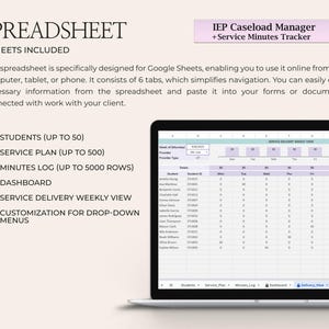 K&ouml;nnte beinhalten: Ein Laptop zeigt eine Tabelle mit der Bezeichnung &bdquo;SPREADSHEET&ldquo; und dem Text &bdquo;IEP Caseload Manager + Service Minutes Tracker&ldquo;. Die Tabelle enth&auml;lt 6 Tabellenbl&auml;tter, darunter Abschnitte f&uuml;r Sch&uuml;ler, Servicepl&auml;ne und eine Wochen&uuml;bersicht.