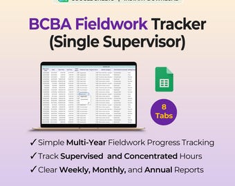 BCBA Fieldwork Tracker Google Sheets Concentrated Fieldwork Hours Restricted Unrestricted Supervision Log Single Supervisor Spreadsheet Tool