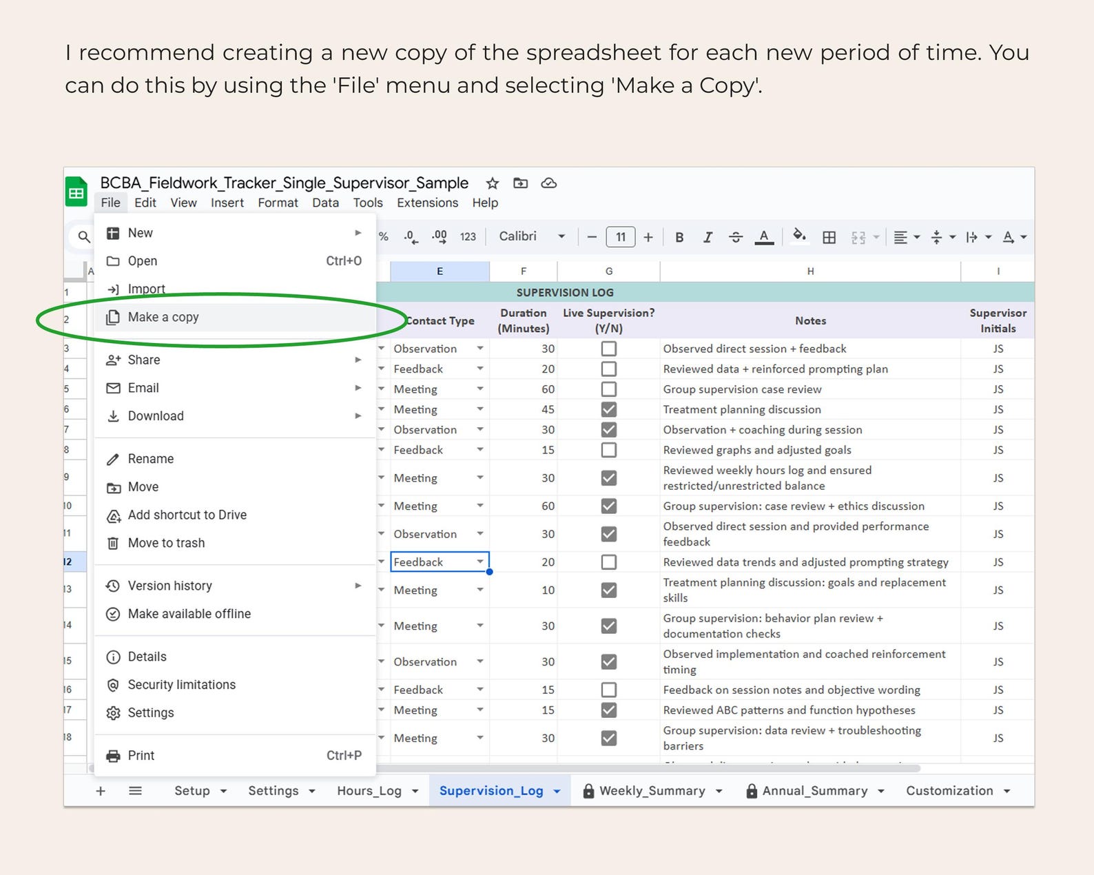 BCBA Fieldwork Tracker Spreadsheet Multi Supervisor Hours Log ...